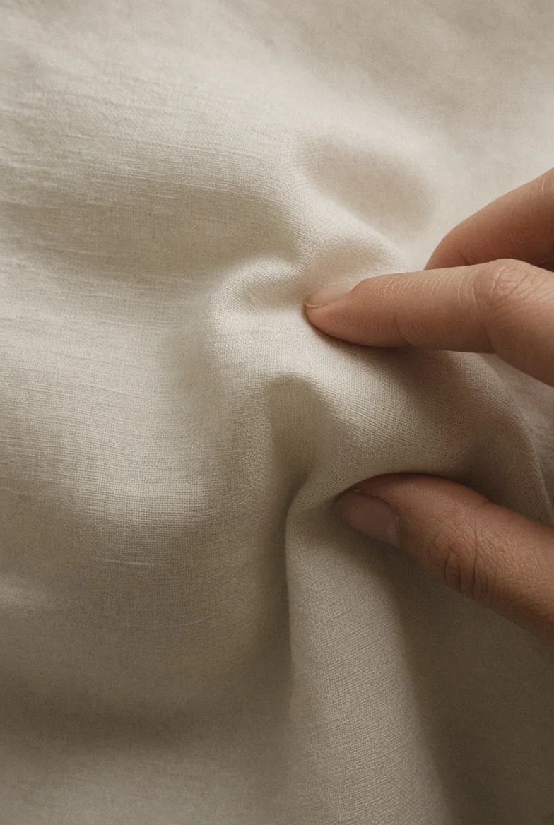 A thumb presses a fold into raw cream cloth