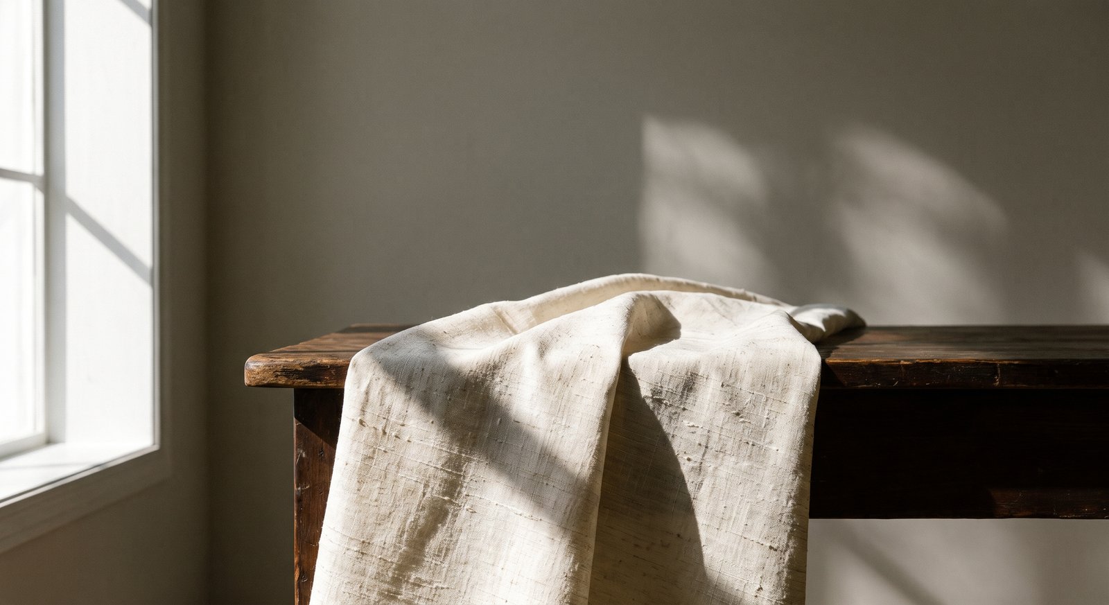Raw silk folded over the edge of a dark wooden table in window light
