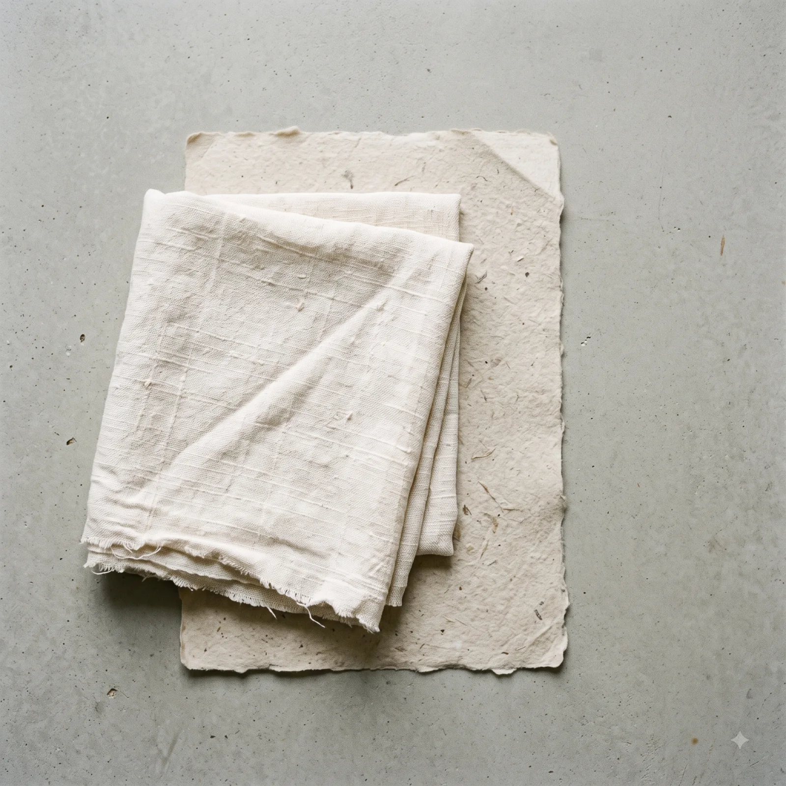 Folded cream textile resting on handmade paper