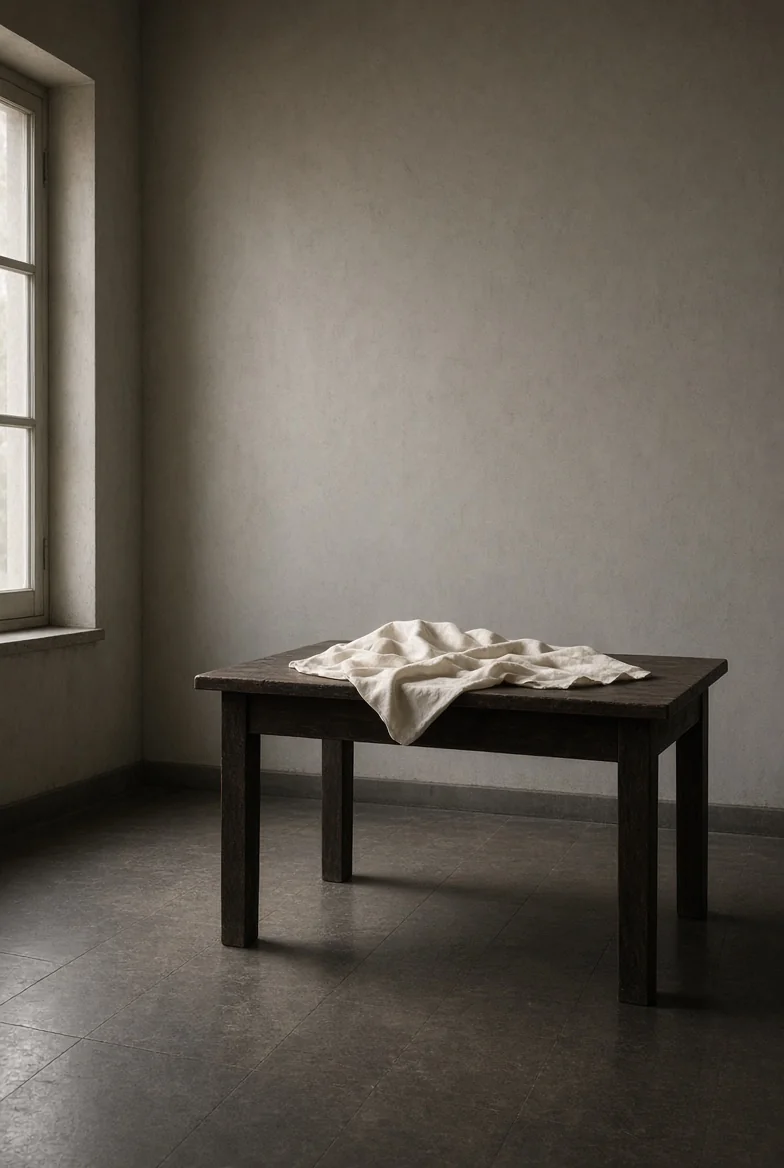 Cream cloth spread across a dark wooden table in a bare studio